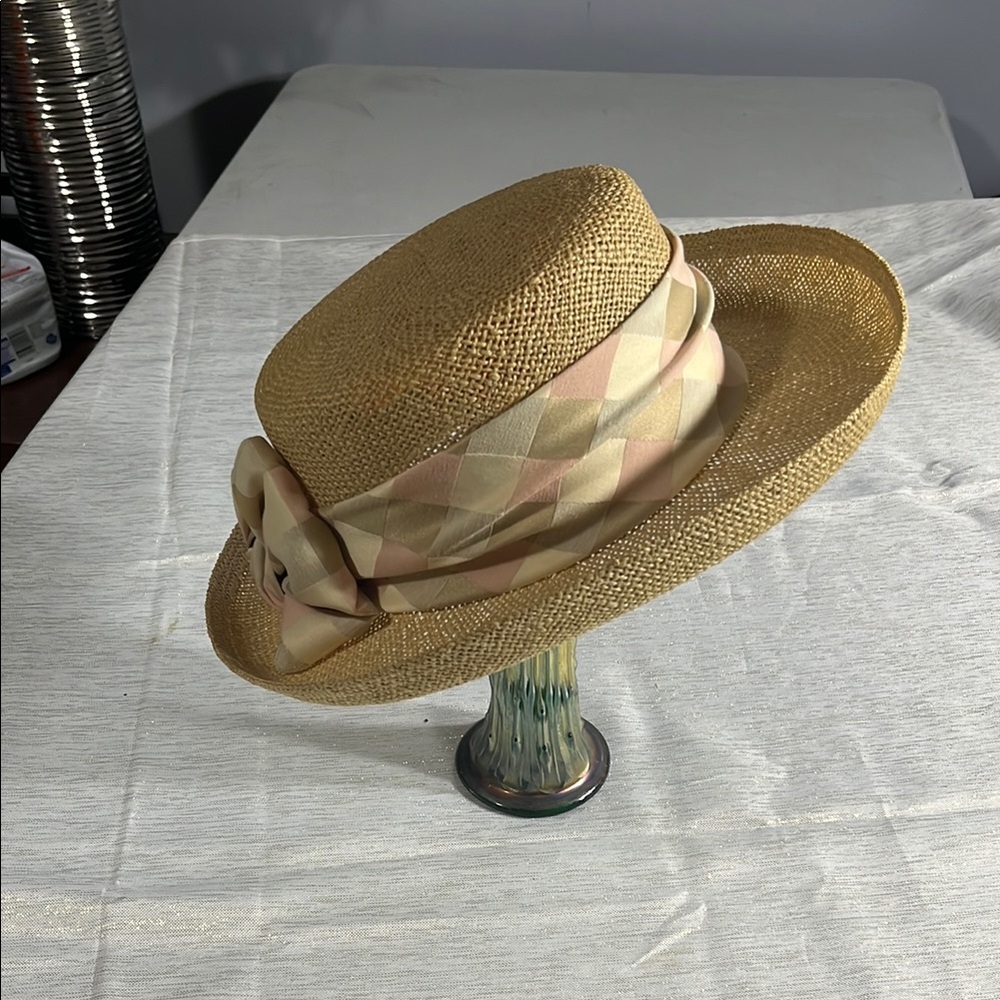 Elegant Tan Straw Hat with Pink Accents/ Summer Rules by Firethorn EUC